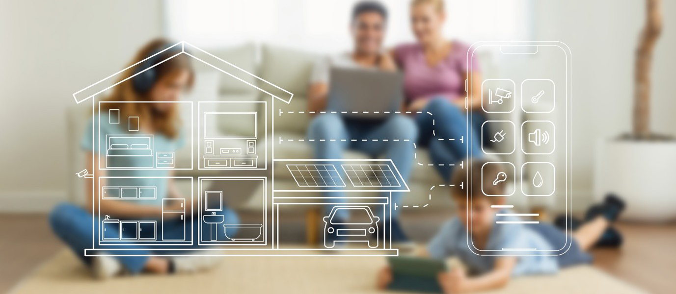 White line illustration of a smart home system overlaying a blurred living room scene, showing a family using a laptop and tablets while icons on a smartphone interface control lighting, security, power, water, and electric vehicle charging within the house.